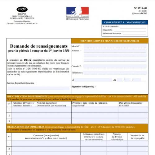 Demande de renseignements immobiliers (fiche d'immeuble) : formulaire CERFA 3233 SD