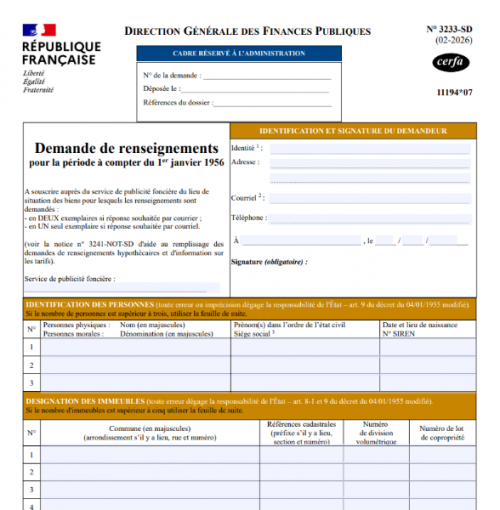 Demande de renseignements immobiliers : formulaire CERFA 3233-SD millésime 2026